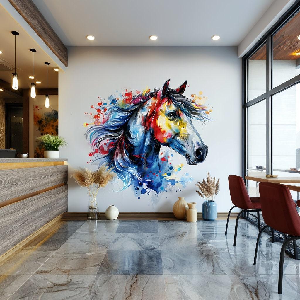 Vibrant watercolor horse head wall decal sticker in a modern living space decor.