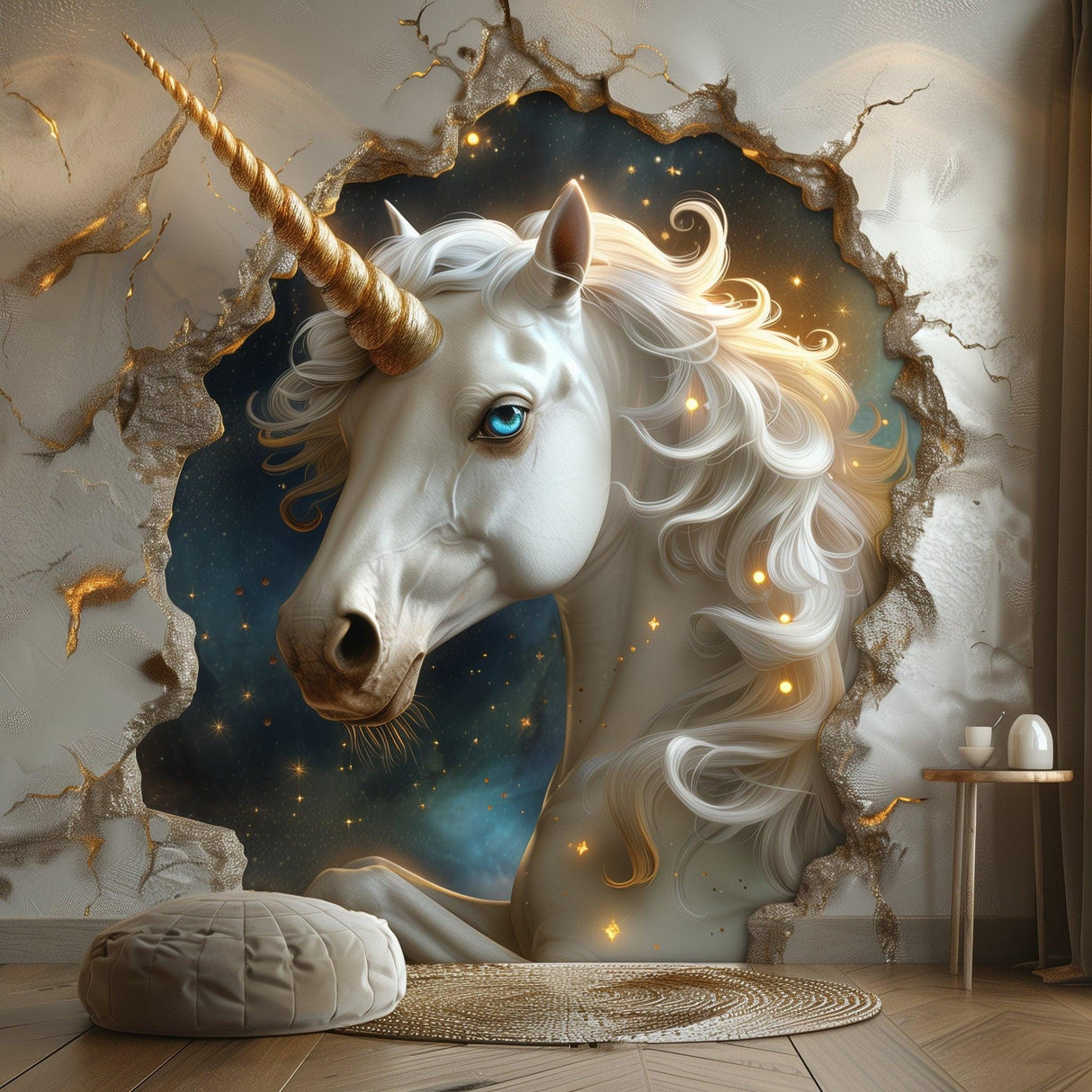 3D Fantasy Unicorn Wall Decal Sticker showing a majestic unicorn breaking through a wall, adding magical decor to a room.