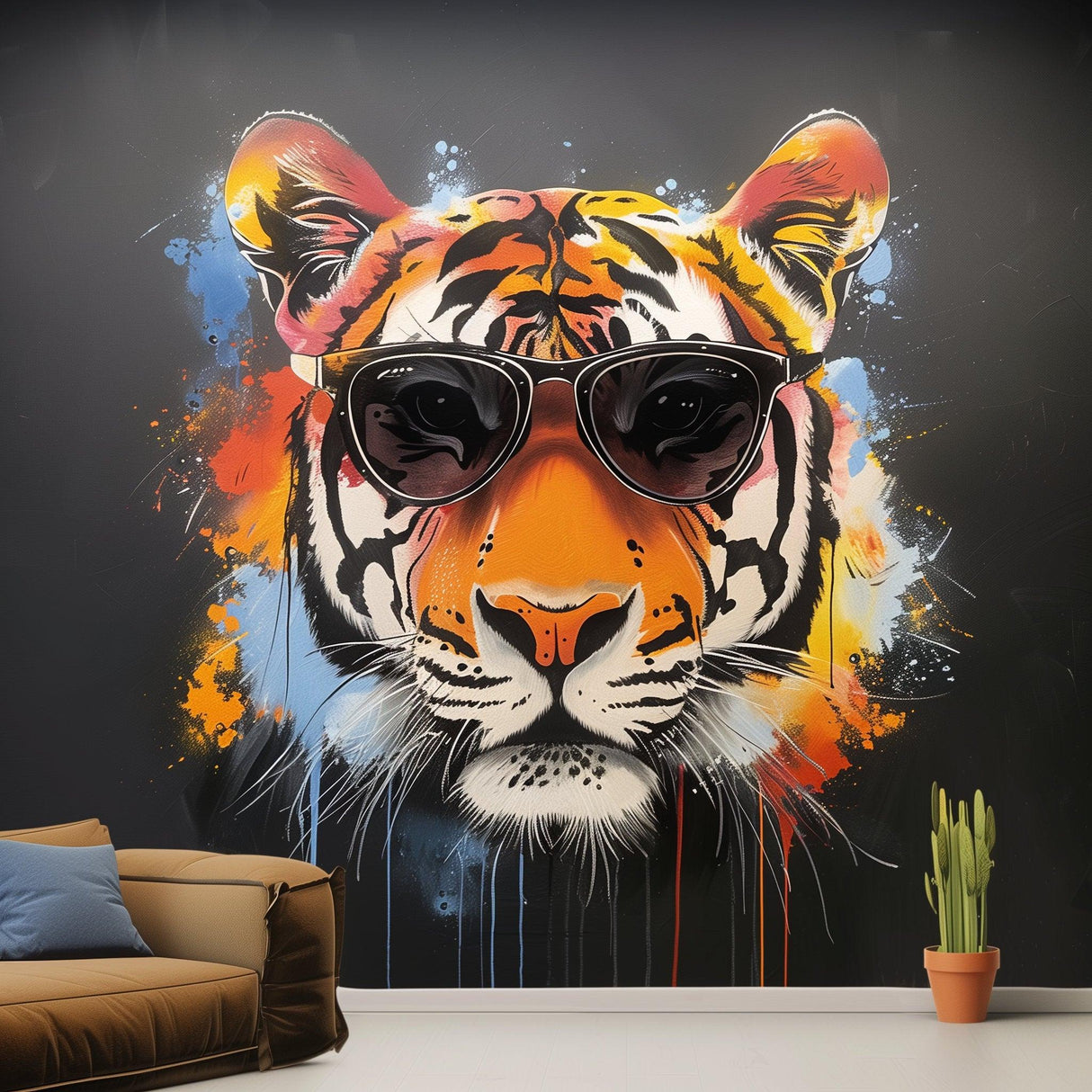 Graffiti tiger wall sticker with sunglasses, vibrant colors, modern home decor, bold wall art for living room.
