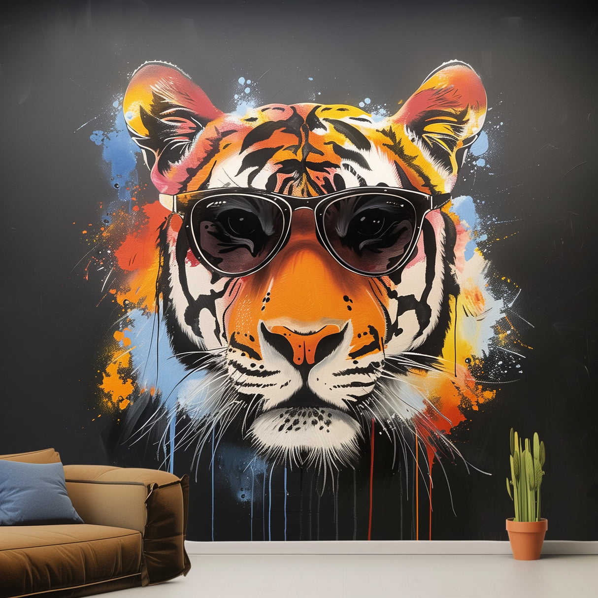 Graffiti Tiger Wall Sticker with Sunglasses | Bold and Vibrant Animal Art Decal | Modern Urban Home Decor | Statement Living Room Wall Art