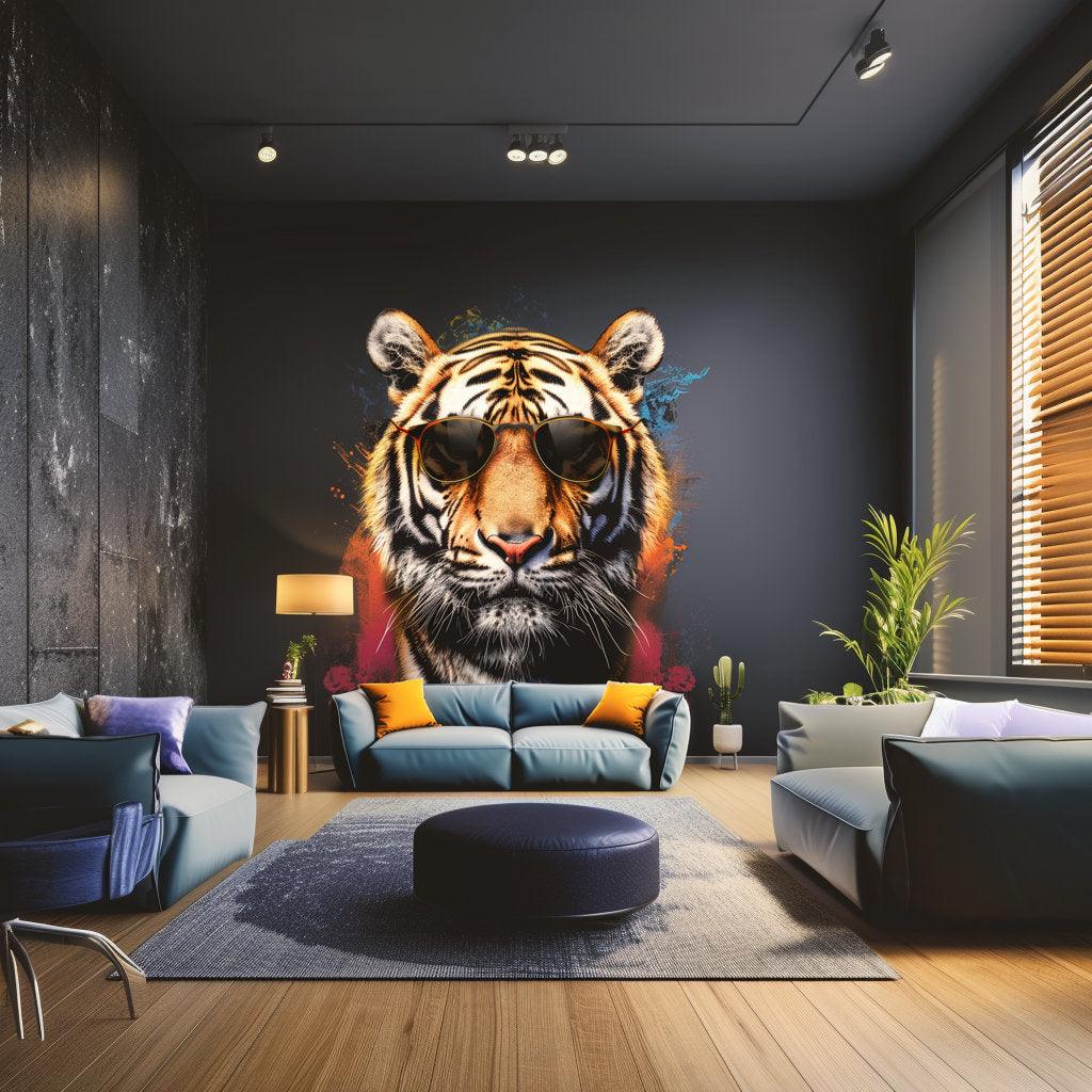 Graffiti tiger wall sticker with sunglasses in modern living room decor, colorful and striking animal art mural.
