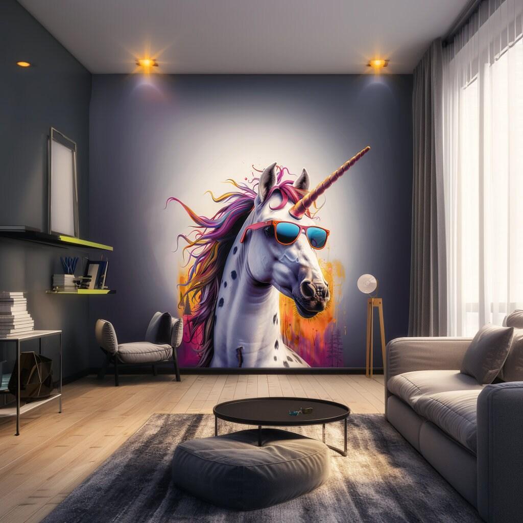 Photorealistic unicorn wall sticker with sunglasses in a modern living room setting.