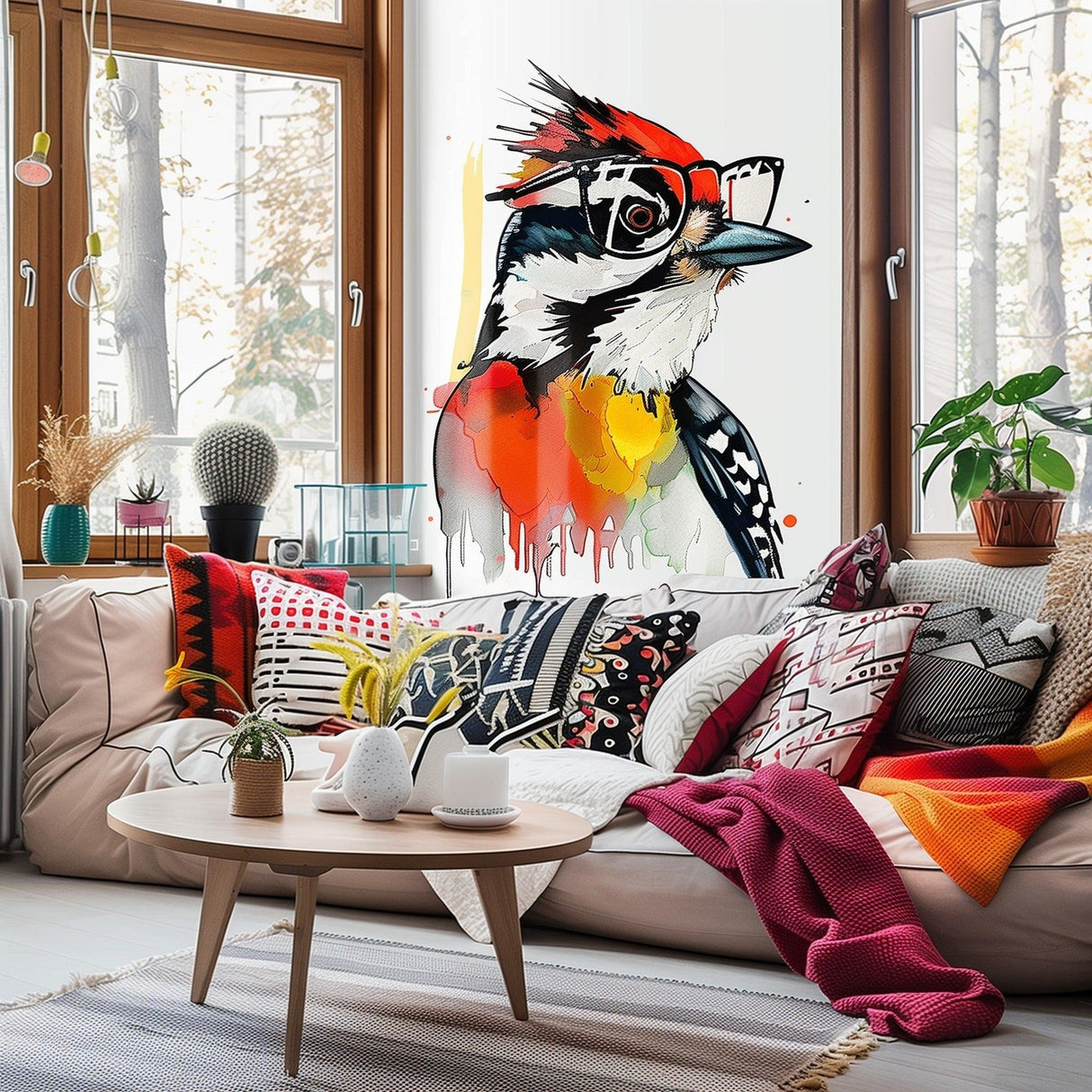 Colorful watercolor sticker of a Downy Woodpecker in glasses on a wall, brightening a cozy living room.