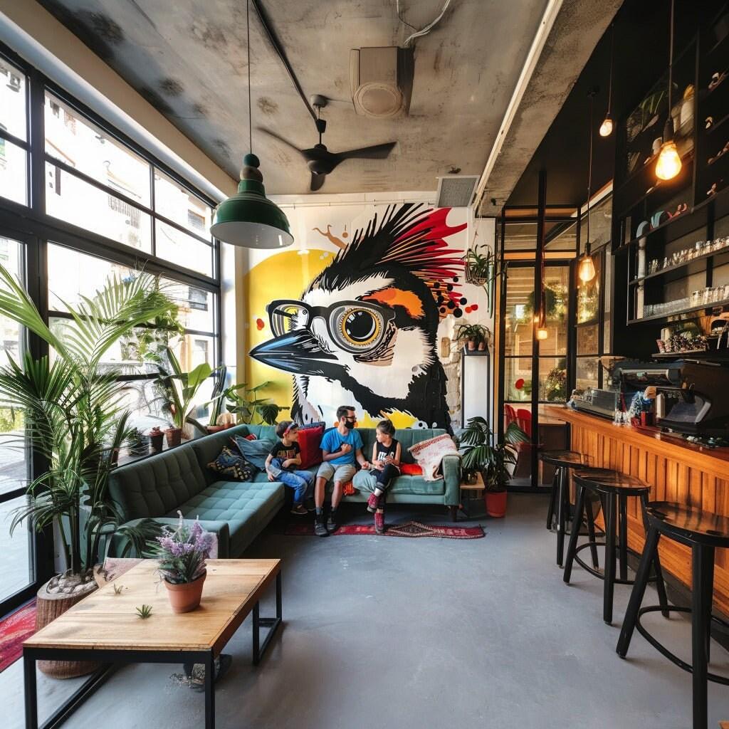 Cozy café interior featuring a huge Downy Woodpecker mural with vibrant colors and patrons enjoying the space.