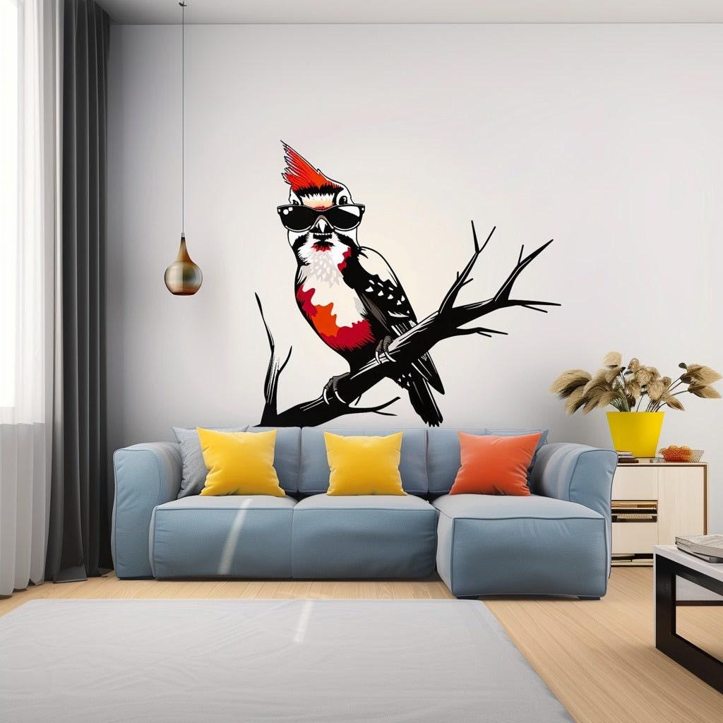 Downy Woodpecker wall sticker in glasses on a branch, adding whimsical nature decor to modern living room.