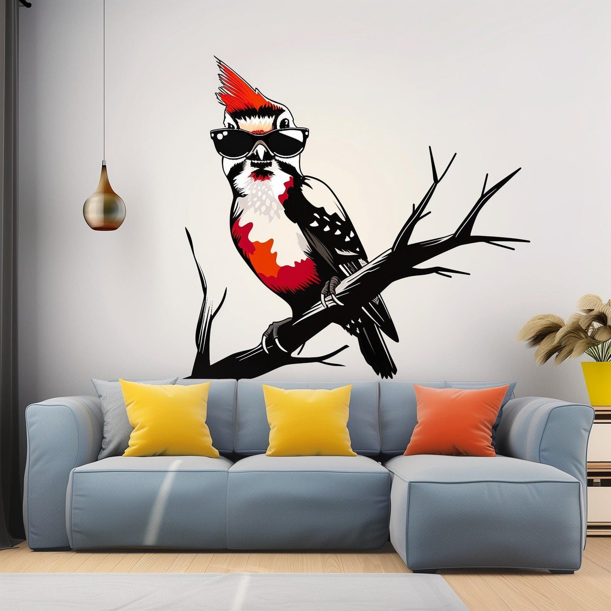 Downy Woodpecker wall sticker with glasses on a branch, brightening up a cozy living room decor.