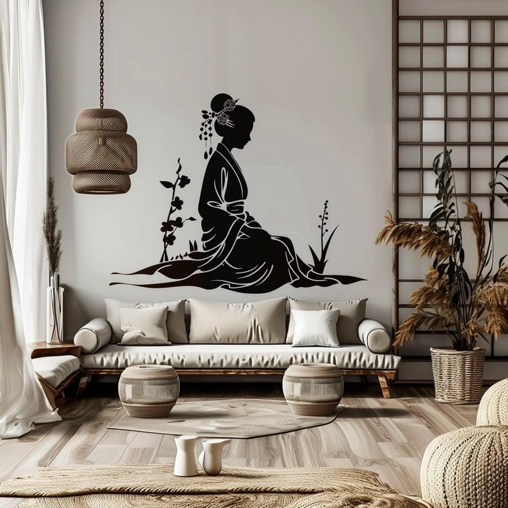 Geisha silhouette wall decal in an elegant living room setting, enhancing home decor with Japanese art.