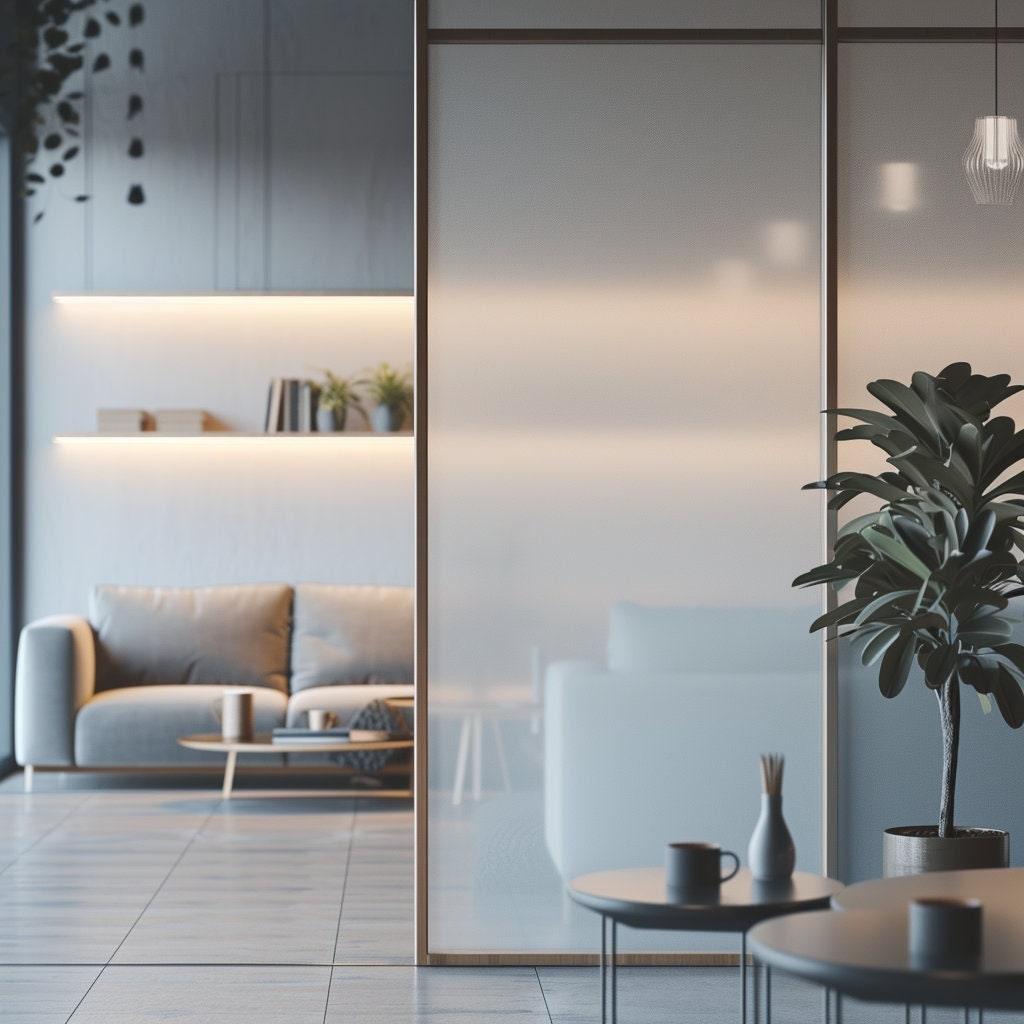 Modern interior with a frosted glass door, showcasing a cozy living room and a decorative plant.