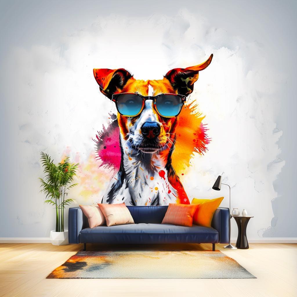 Vibrant watercolor Jack Russell Terrier wall sticker wearing sunglasses in a stylish living room.