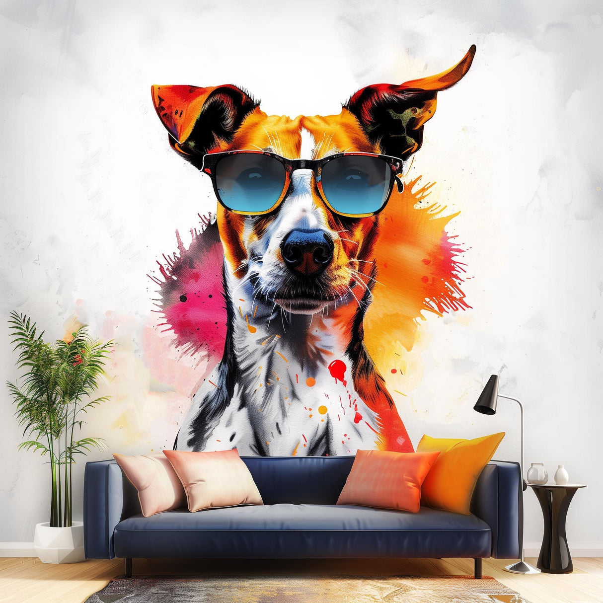 Photorealistic Jack Russell Terrier wall sticker with sunglasses in vibrant watercolor design, bright colors for modern decor.