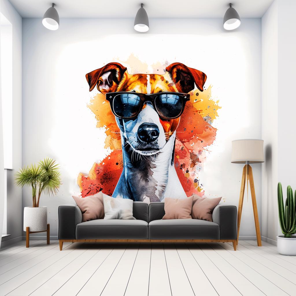 Vibrant Jack Russell Terrier wall sticker with sunglasses, colorful watercolor art, modern home decor for dog lovers.