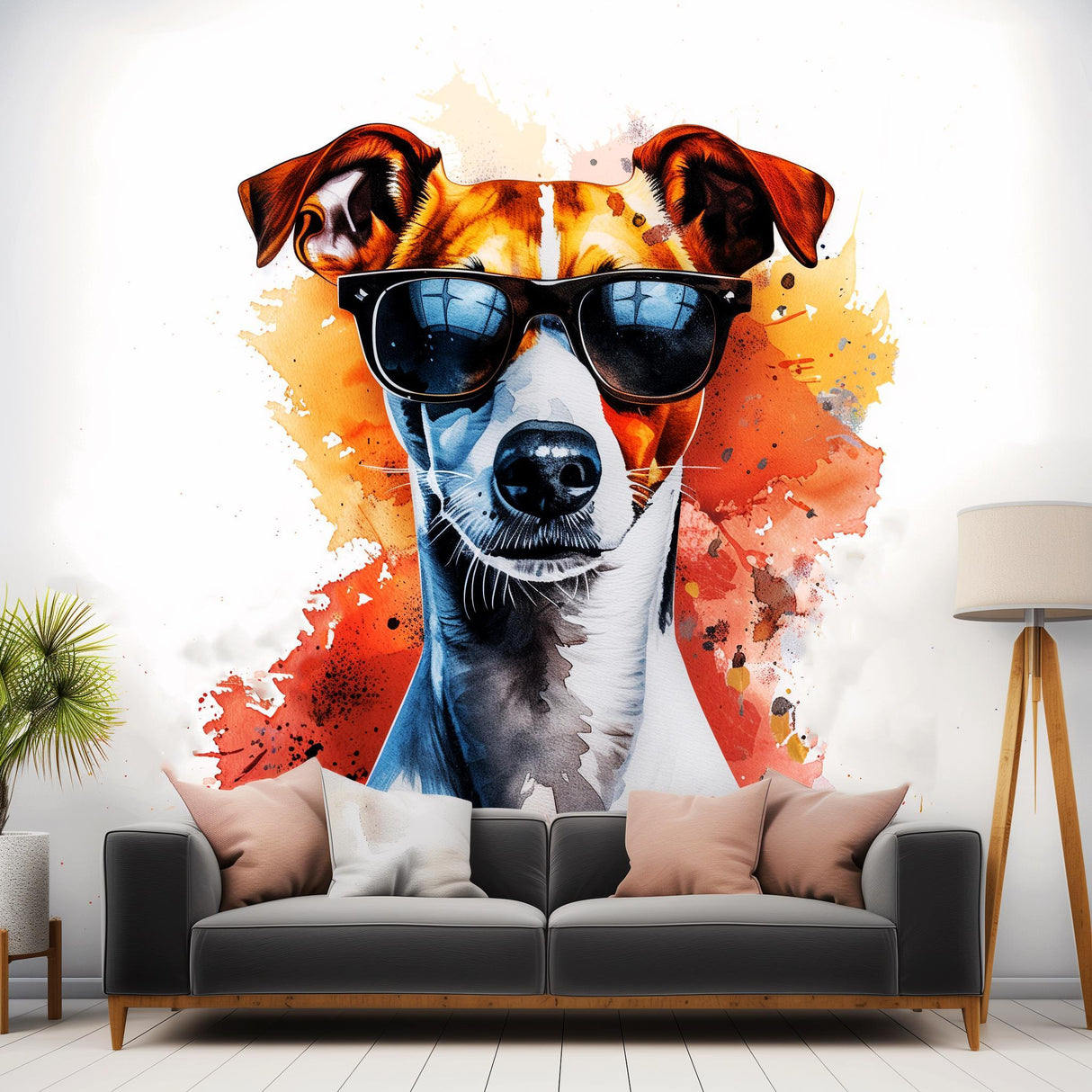 Vibrant Jack Russell Terrier wall sticker with sunglasses in watercolor style, perfect for modern pet lover home decor.