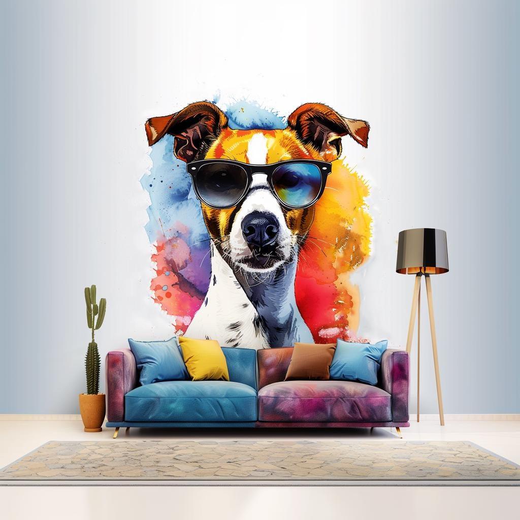 Colorful Jack Russell Terrier wall sticker with sunglasses, vibrant watercolor art in modern living room decor.