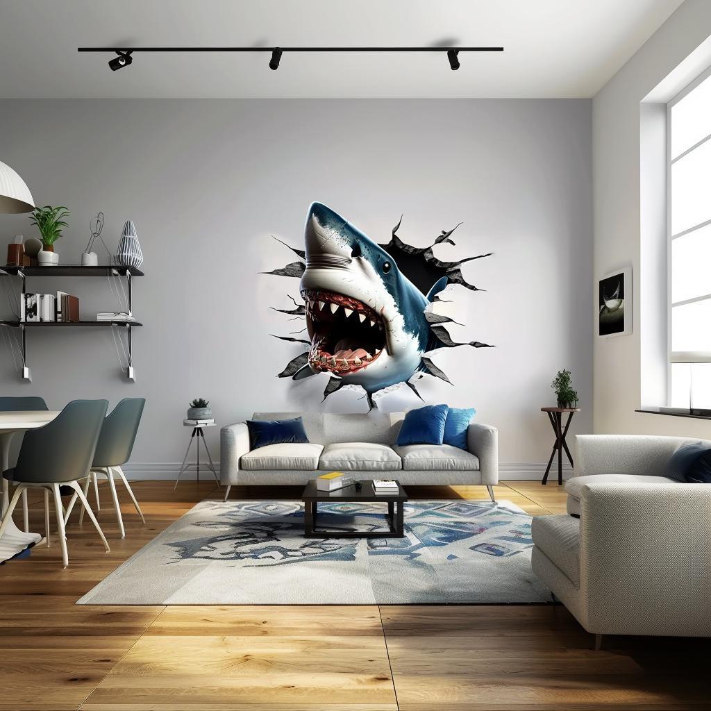 3D Great White Shark wall sticker bursting through wall in modern living room, creating an underwater adventure decor.