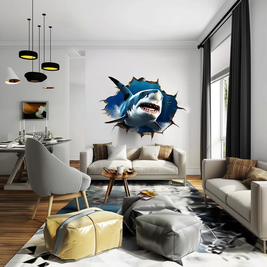 3D Tiger Shark wall sticker in stylish living room, creating an adventurous underwater theme.