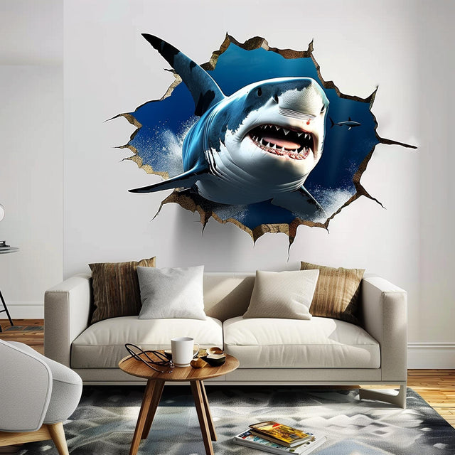 3D Tiger Shark wall sticker bursting through wall, creating an underwater adventure home decor effect in living room.