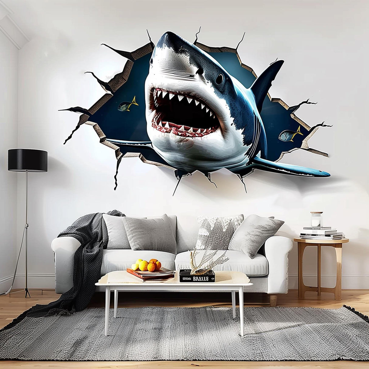 3D Great White Shark wall sticker crashing through wall in stylish living room decor, creating a dramatic ocean adventure vibe.