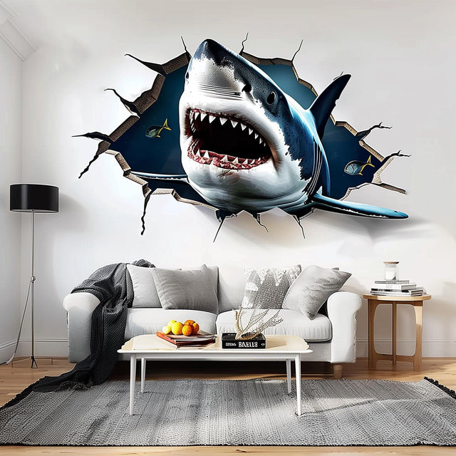 3D Great White Shark wall sticker crashing through wall in stylish living room decor, creating a dramatic ocean adventure vibe.