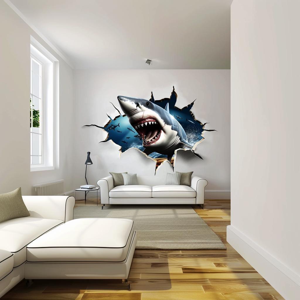 Realistic 3D Crack White Shark Wall Sticker in modern living room, perfect for ocean theme decor.