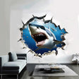 3D realistic white shark wall decal breaking through a wall, perfect for ocean-themed room decor.