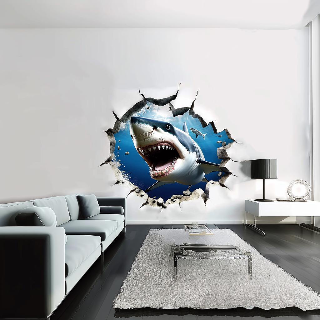 3D realistic white shark wall decal breaking through wall in modern living room decor, ocean theme art.