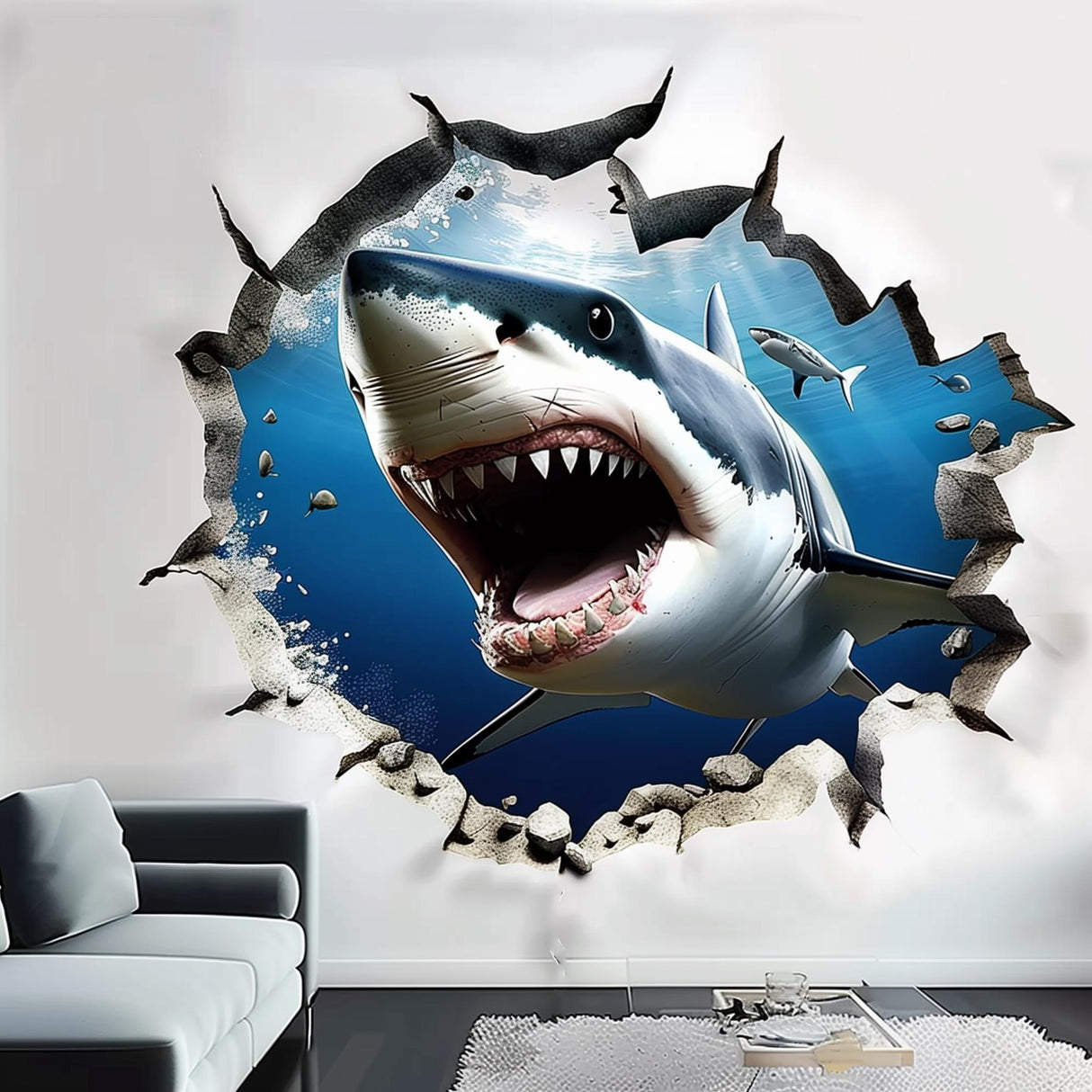 3D realistic white shark wall decal breaking through wall, showcasing a dramatic ocean theme decor.