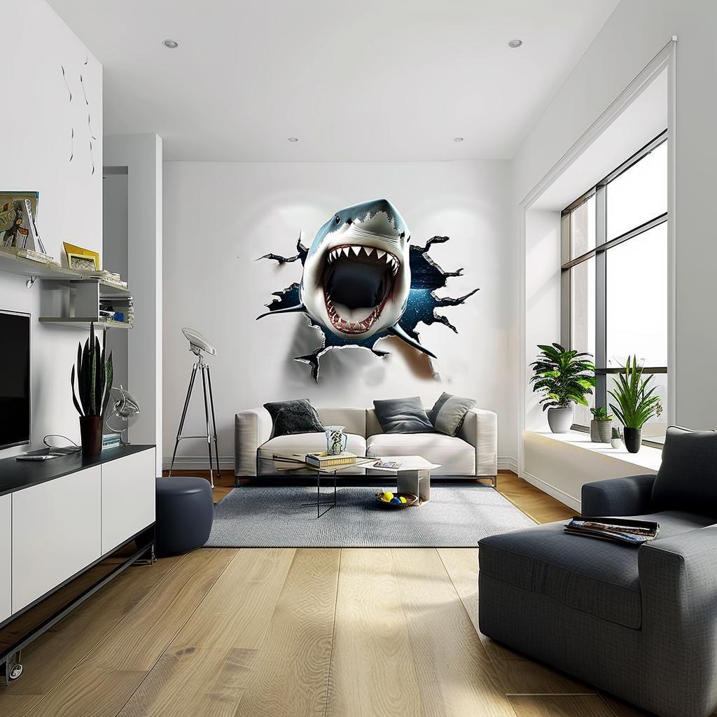 3D White Shark wall decal bursting through a wall in a modern living room, featuring realistic details and open jaws.