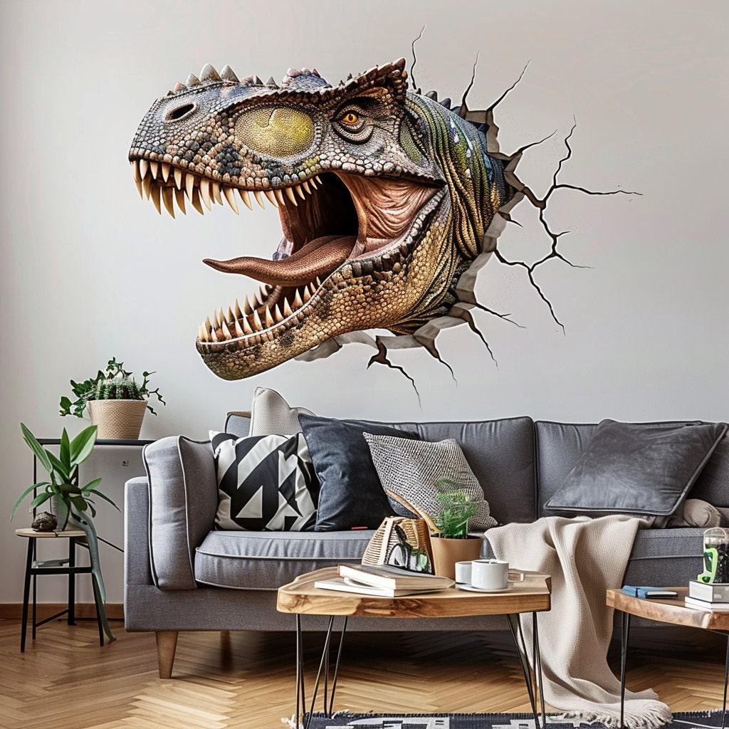 3D Carnotaurus head wall decal bursting through wall, creating a realistic dinosaur effect in a modern living room.