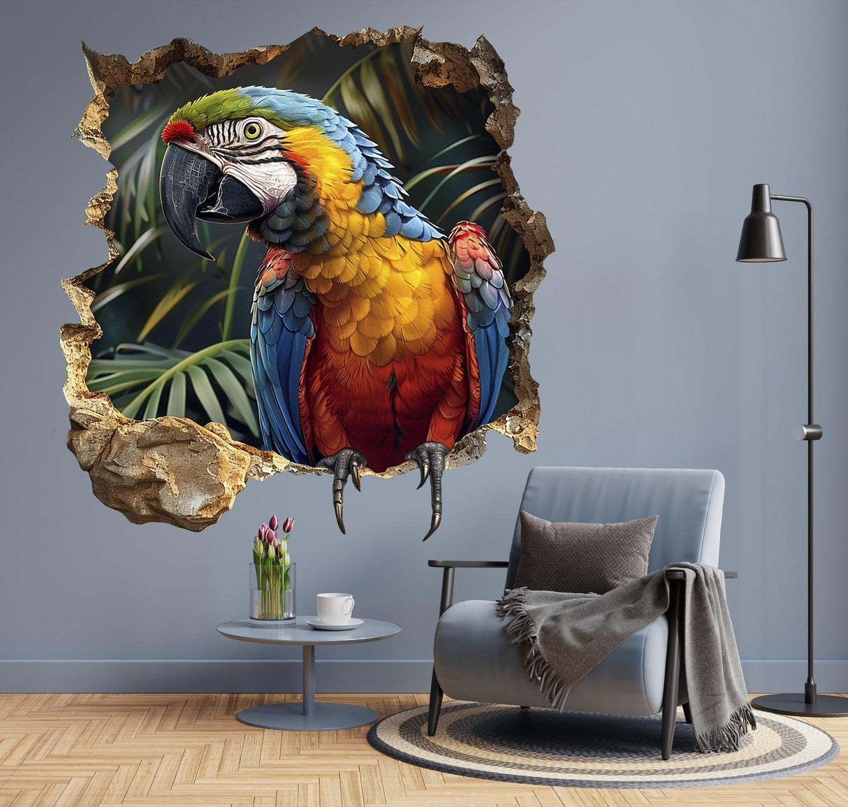 Vibrant 3D Macaw Parrot wall decal breaking through the wall, adding tropical charm to modern living space.