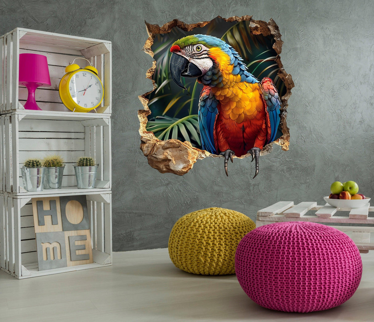 Vibrant 3D Macaw Parrot wall decal bringing tropical color to a stylish living room with colorful poufs.
