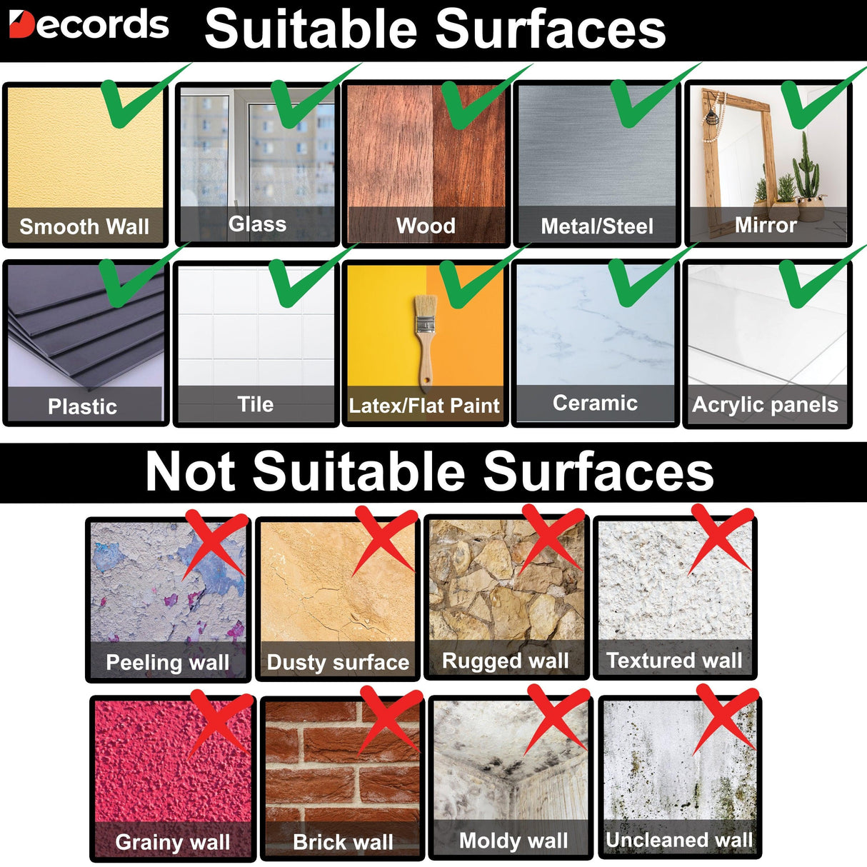 Image showing suitable and unsuitable surfaces for wall decals, including smooth wall, glass, wood, and textured surfaces.