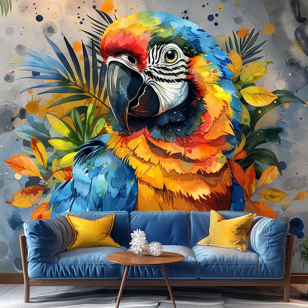 Vibrant watercolor macaw parrot wall decal sticker, colorful tropical bird art in living room setting.