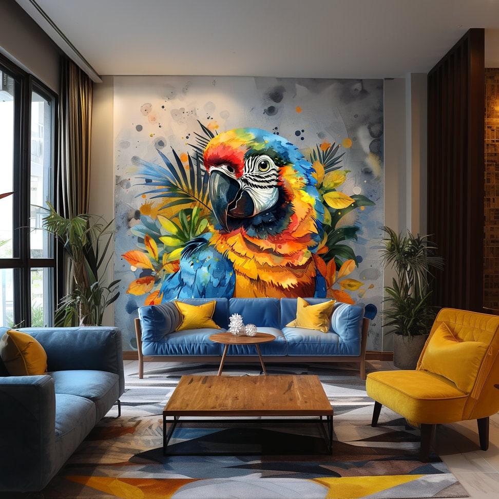 Vibrant watercolor macaw parrot wall decal sticker in a living room with colorful decor and tropical plants.