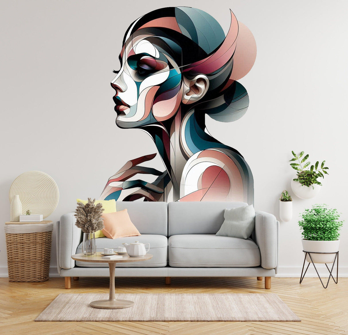 Abstract Art Deco wall decal featuring a modern geometric female profile above a stylish sofa in a living room.