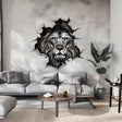3D lion head wall decal breaking through the wall in a stylish living room, showcasing strength and elegance.