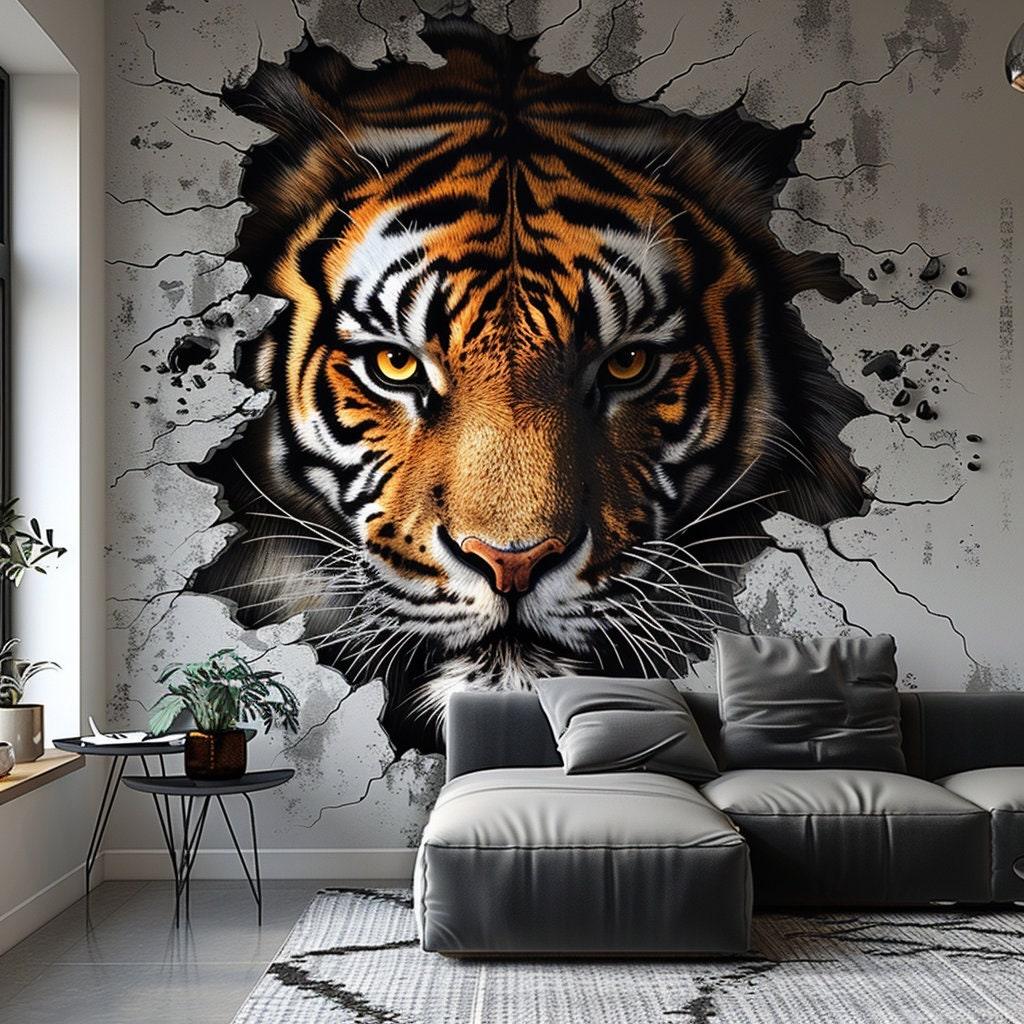 Realistic 3D tiger face wall decal breaking through the wall, adding bold style to modern living room decor.