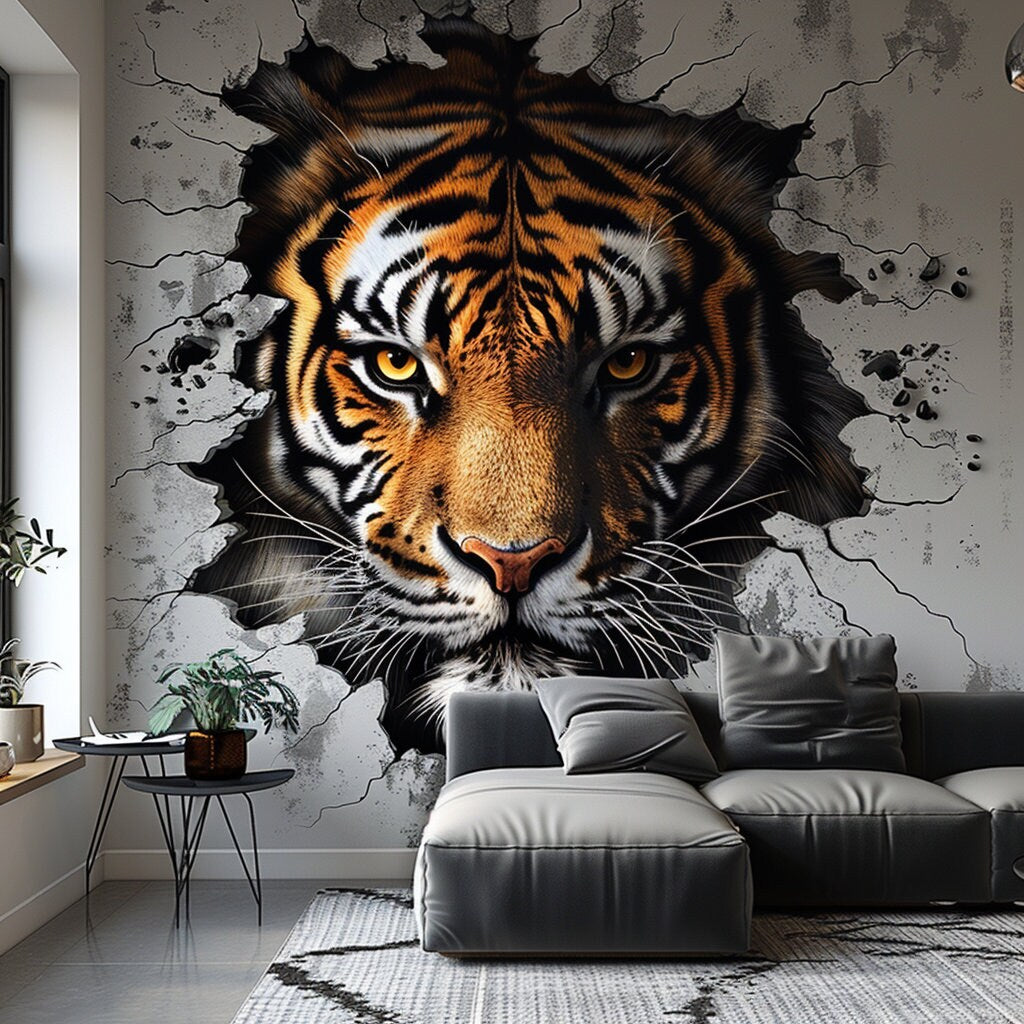 Realistic 3D Tiger Face Wall Decal - Fierce and Majestic Tiger Sticker