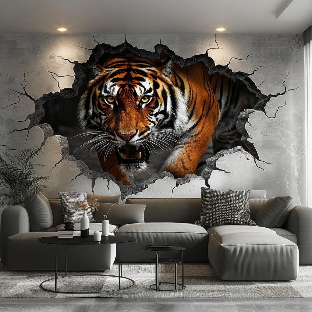 Realistic 3D tiger wall decal breaking through wall in modern living room, adding wild elegance and dynamic energy.