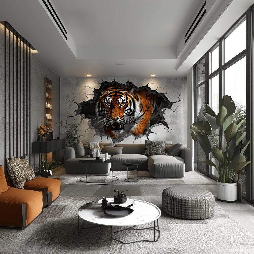 Realistic 3D tiger wall decal breaking through a wall in a modern living room setting.