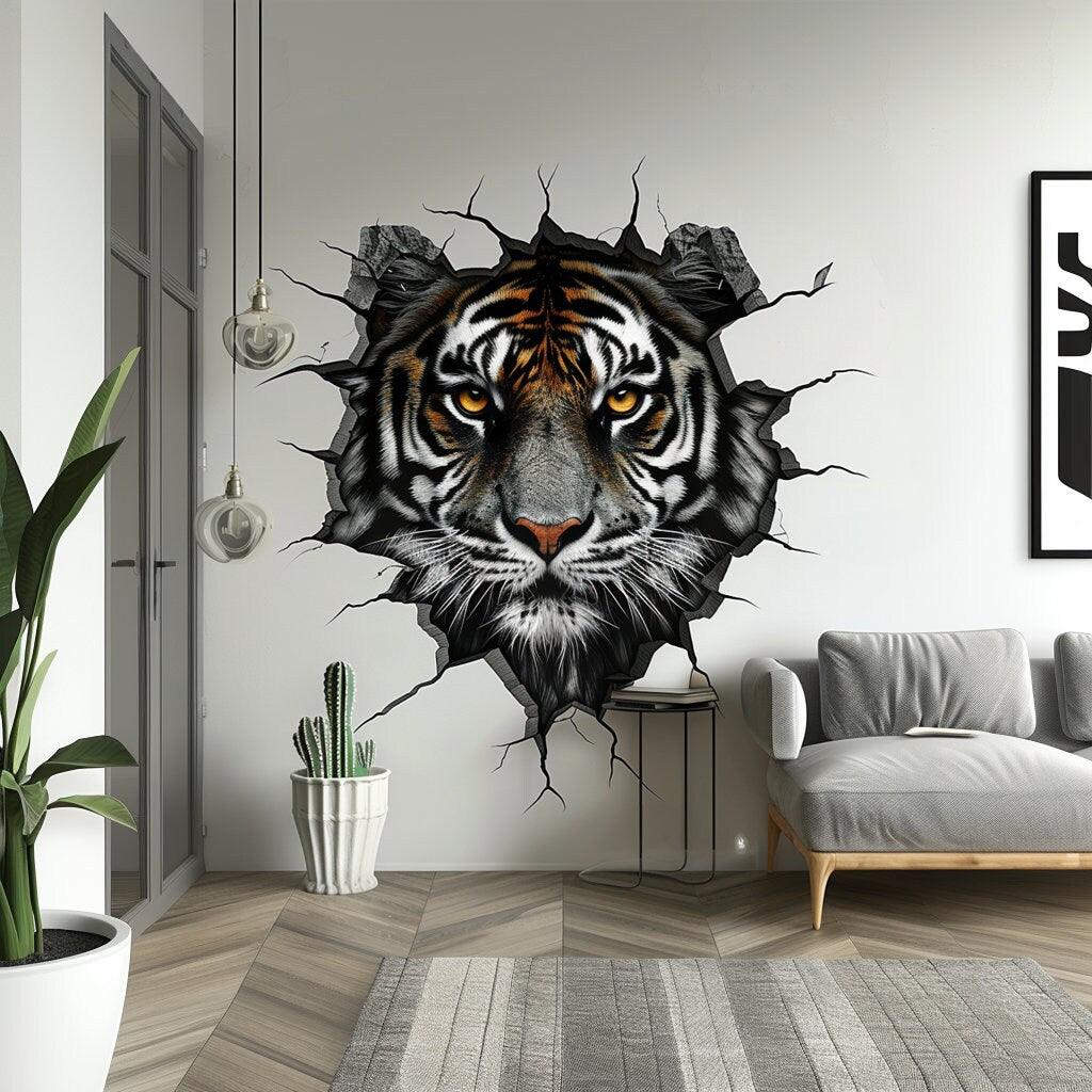 Realistic 3D tiger head wall decal bursting through wall, bringing wild style to home decor.