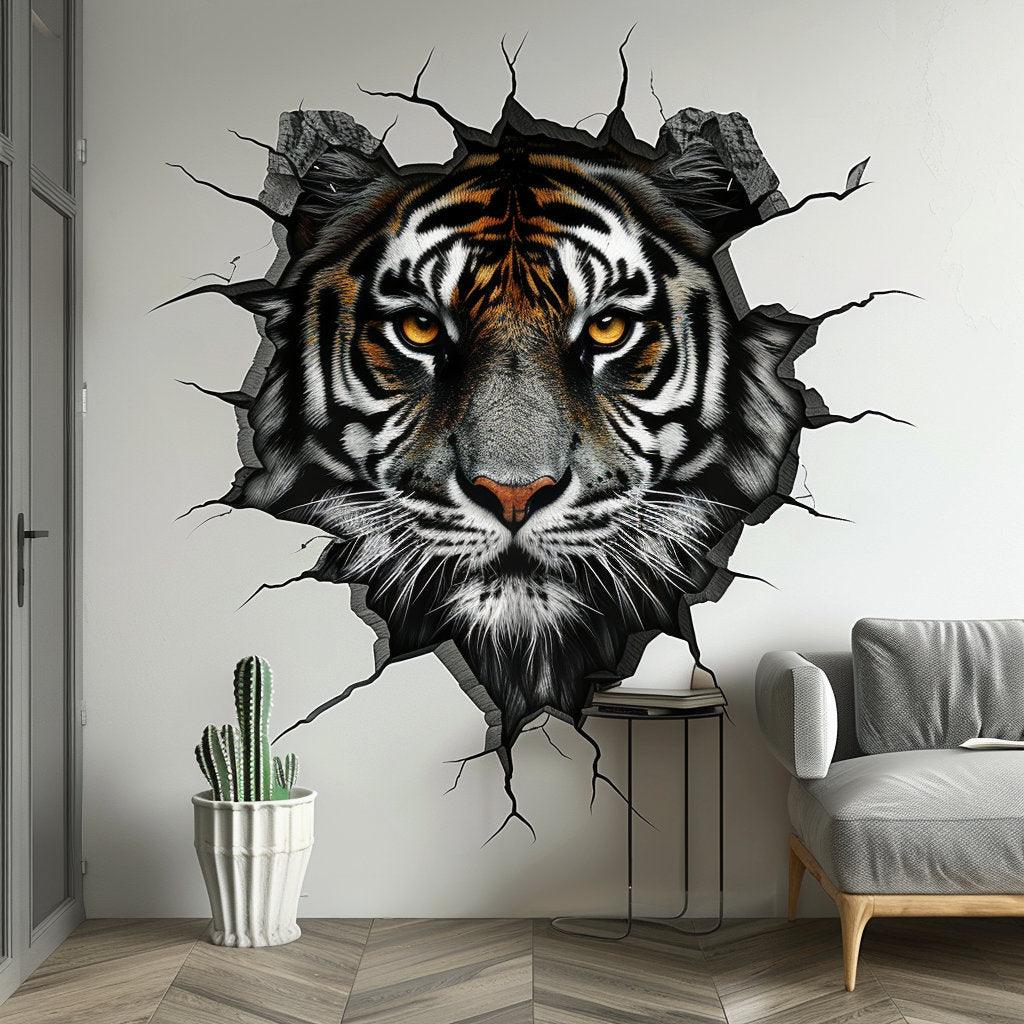 Realistic 3D tiger head wall decal breaking through wall, enhancing home or office decor with wild beauty.