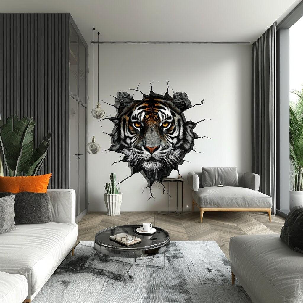 Realistic 3D tiger head wall decal breaking through wall in modern living room decor.