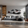 Realistic wall sticker of a white sports car mural in a modern living room setting.