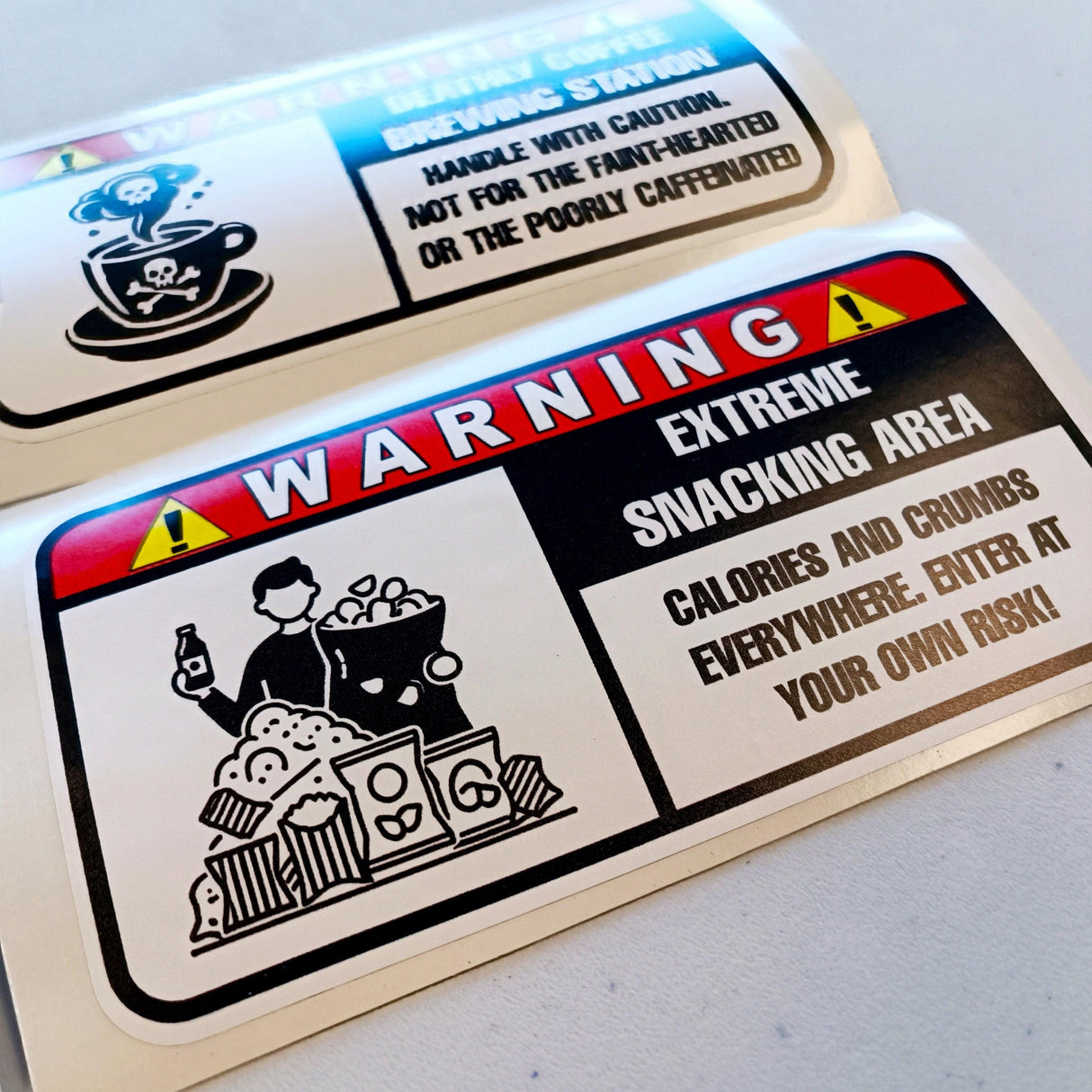 Funny warning stickers for snacking and coffee stations, featuring humorous graphics and playful text.