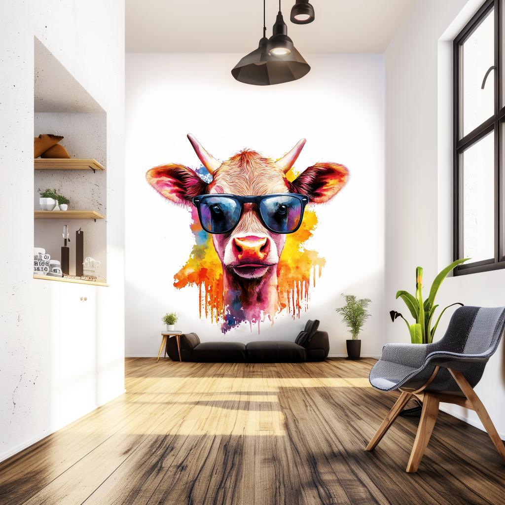 Colorful watercolor splash art of a baby cow wearing sunglasses in a modern kids room decor setting.