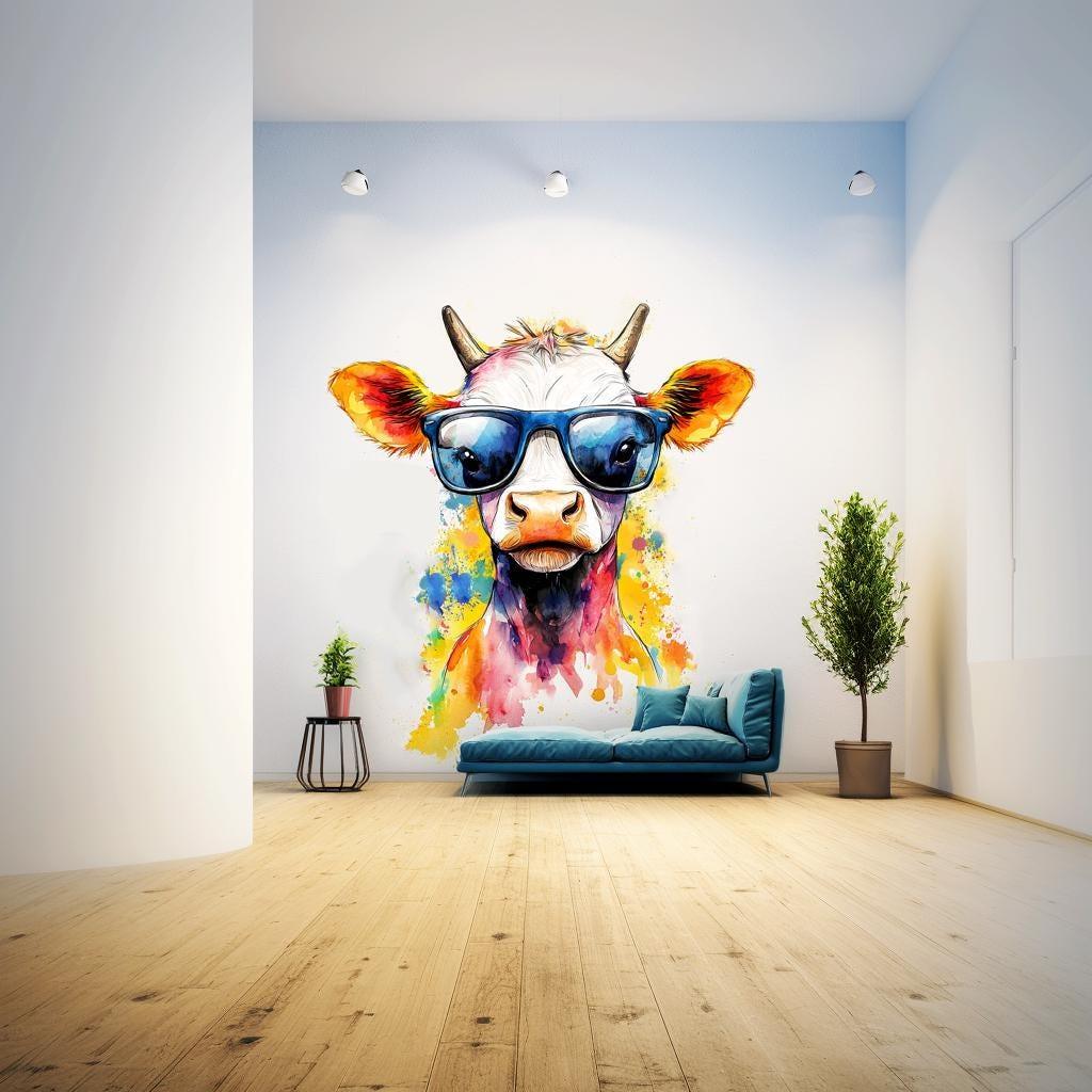 Baby cow wall decal with sunglasses in colorful watercolor splash, bright kids room decor.