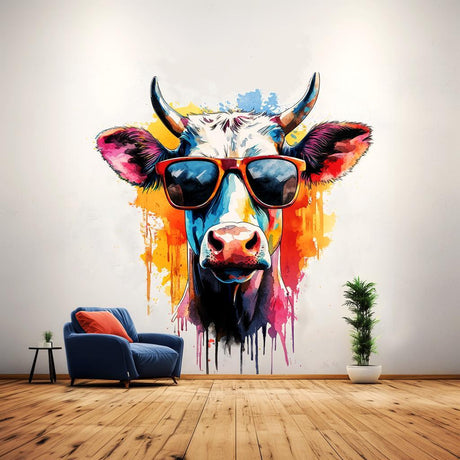 Colorful watercolor wall decal of a trendy cow wearing sunglasses, adding playful decor to a stylish living space.