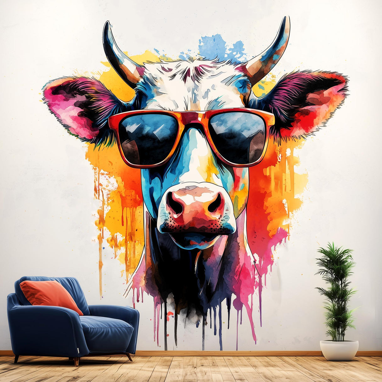 Colorful Trendy Cow with Sunglasses Wall Decal in a modern living room, adding playful decor.