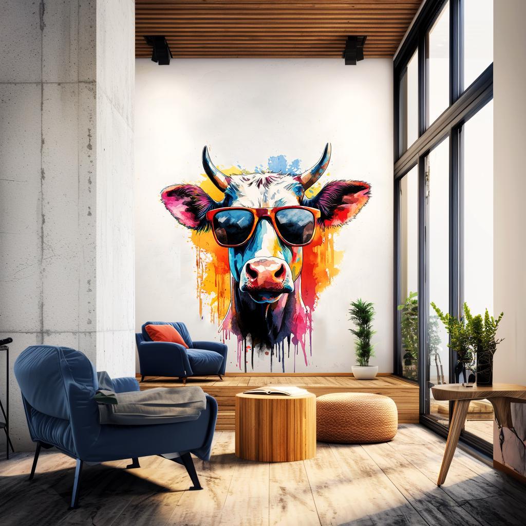 Trendy cow with sunglasses wall decal in modern living room, adding vibrant color and playful decor.