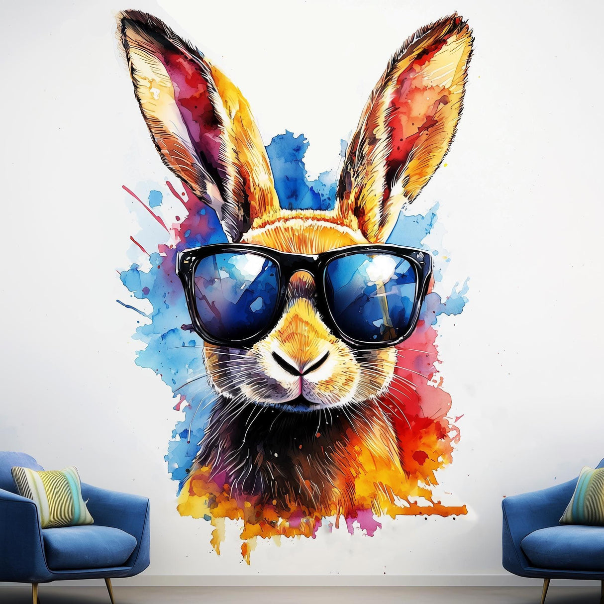 Colorful watercolor rabbit wall decal with sunglasses, perfect for fun and vibrant home decor.